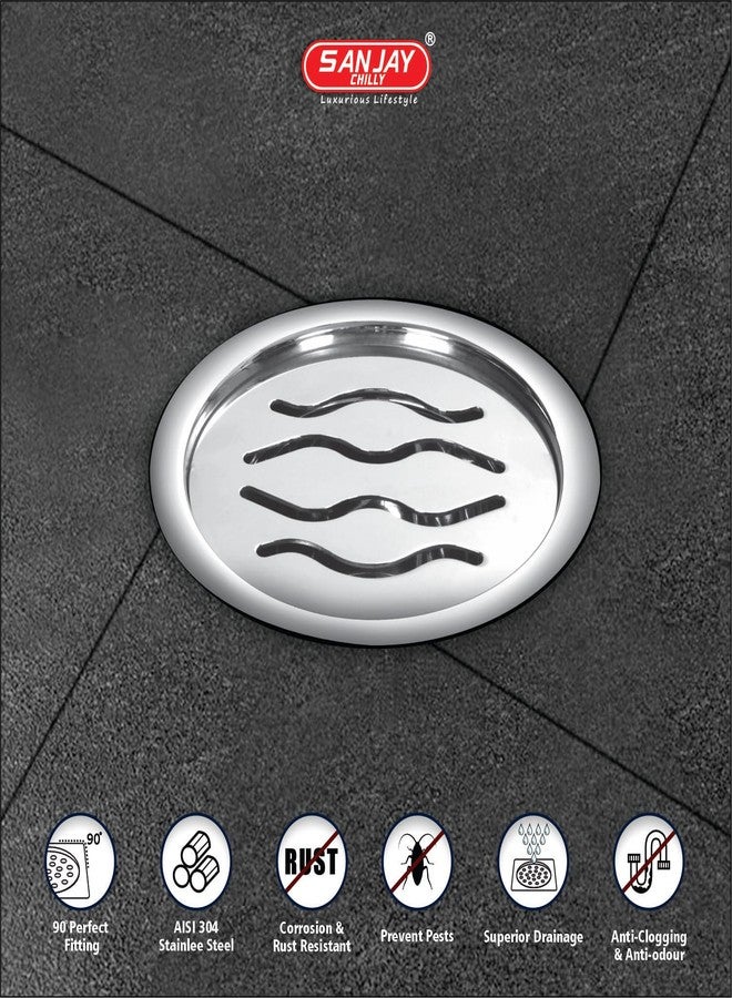 Sanjay Chilly Round Wave Floor Drain 5 Inch for Bathroom Jali SS 304 Grade Kitchen Bathtub Insects Catcher Safety Home & Factory Anti Odor Automatic Locking System (Round Wave Silver 5 INCH) - Image 2